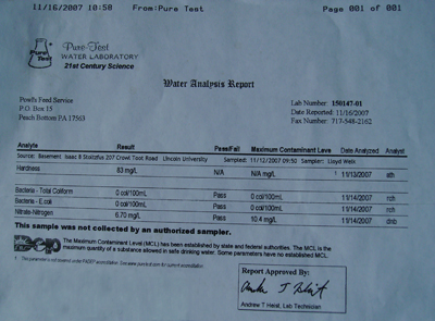 Bacteria lab test done after installing the Vortex Water Revitalizer