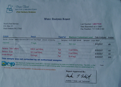 Bacteria lab test done prior to installing the Vortex Water Revitalizer